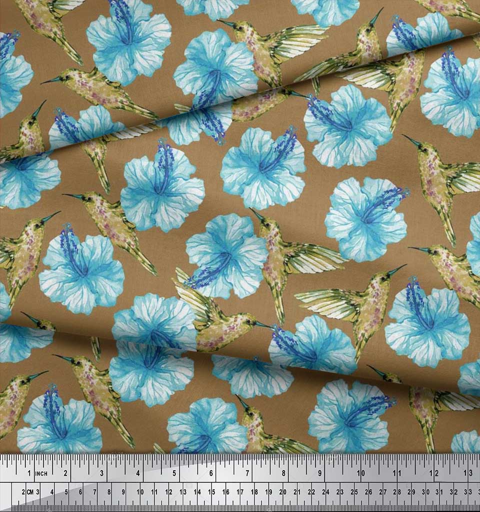 Soimoi Černá poly krepová látka s potiskem kolibříků a květin, látka na metr, 42 palců