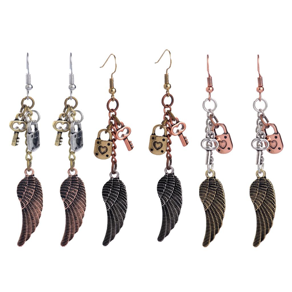 Women Steampunk Vintage Key Lock Angel Wing Dangle Earrings