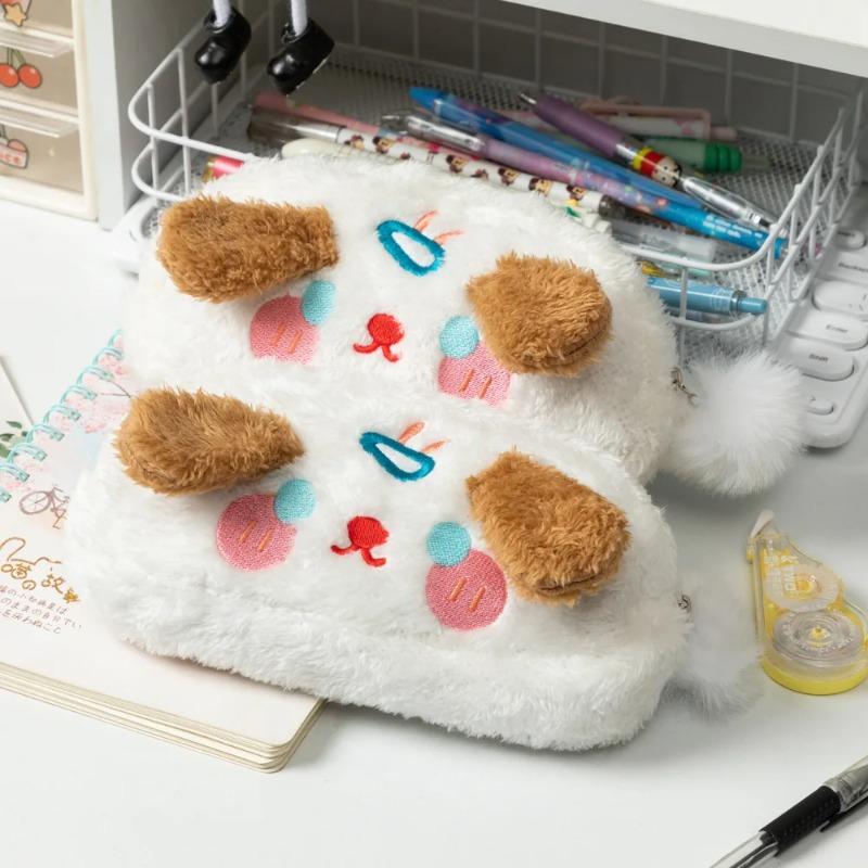 Cute Plush Pencil Case with Animal Glasses Design Large Capacity Cat Dog Shaped Makeup Bag School Stationer Bag Gift for Kids
