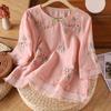 Damen Frühlings-/Sommer-Hemd, Locker geschnitten, Bauchbedeckend, Boho-Chic, Retro-Stil, Mit Stickerei und Elegantem Button-Down-Kragen