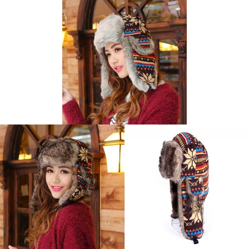 Geometric Knitted Beanie Hat With Ear Flap For Winter Warmth And Wind Protection