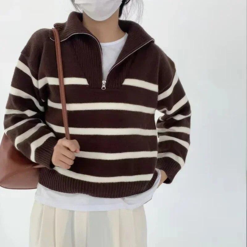 Sweter damski casual na zamek golf w paski Pull Femme Pogrubiony casualny Sweter 2026 Odzież damska Dzianinowy kardigan oversize