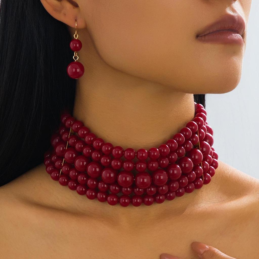 Vintage Multi-Layer Imitation Pearl Choker Necklace and Earring Set for Women