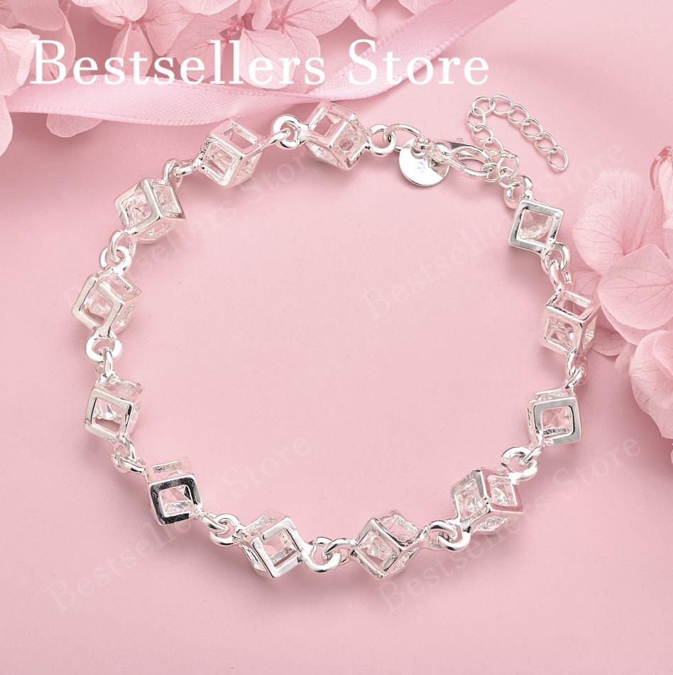 Elegant 925 Sterling Silver 8-inch Exquisite Square Zircon Bracelet for Women's Fashion Parties, Wedding Jewelry Gifts