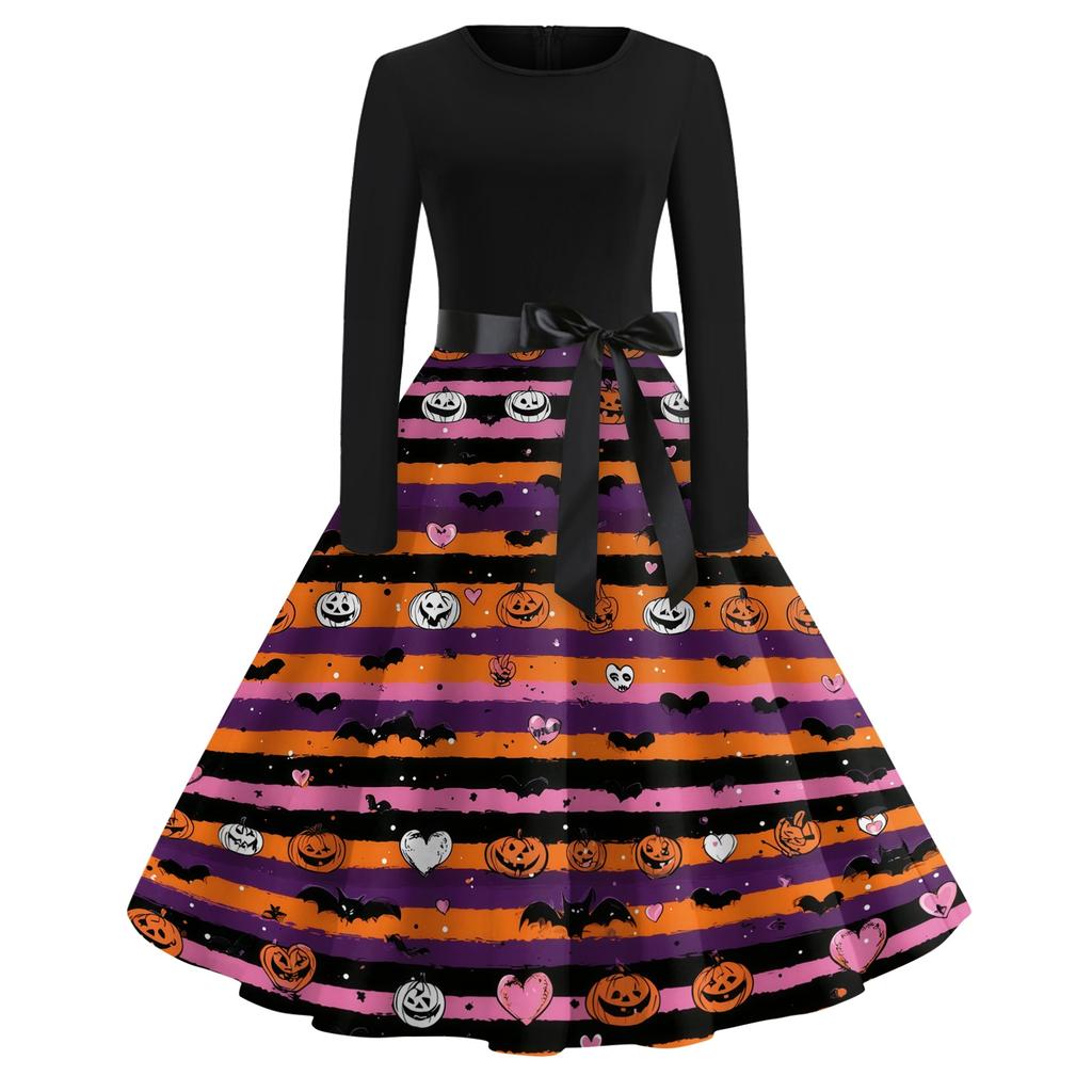 Women's Casual Vintage Halloween Dress Long Sleeve Crew Neck Retro Swing Dress with Spider Web and Bat Print and Waist Tie Belt for Everyday Wear