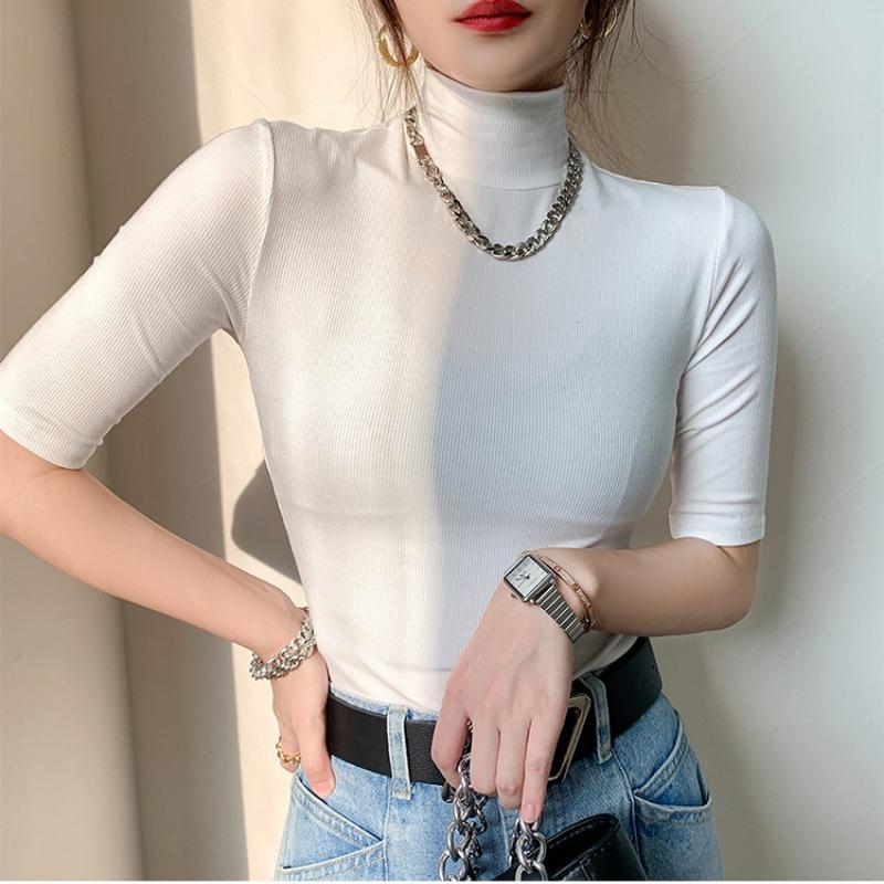 Fashion Short Sleeve Casual White T-shirt for Women Summer Half High Neck Slim Base T Shirt Female Casual Elegant Office Lady Tee Tops 24081