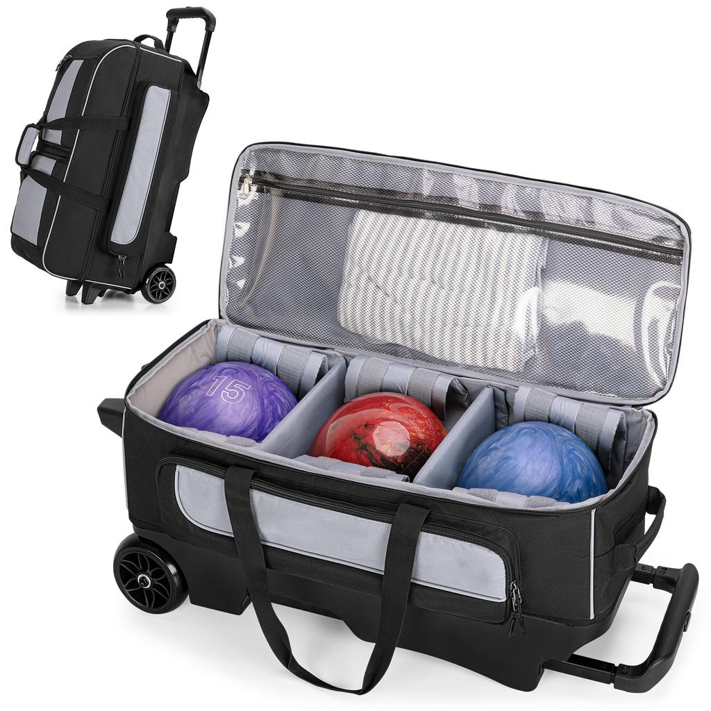 GOBUROS Bowling Bag with Wheels Bowling Bag for 3 Carry Bowling Bag with Shoe Storage Bowling Cart Bag