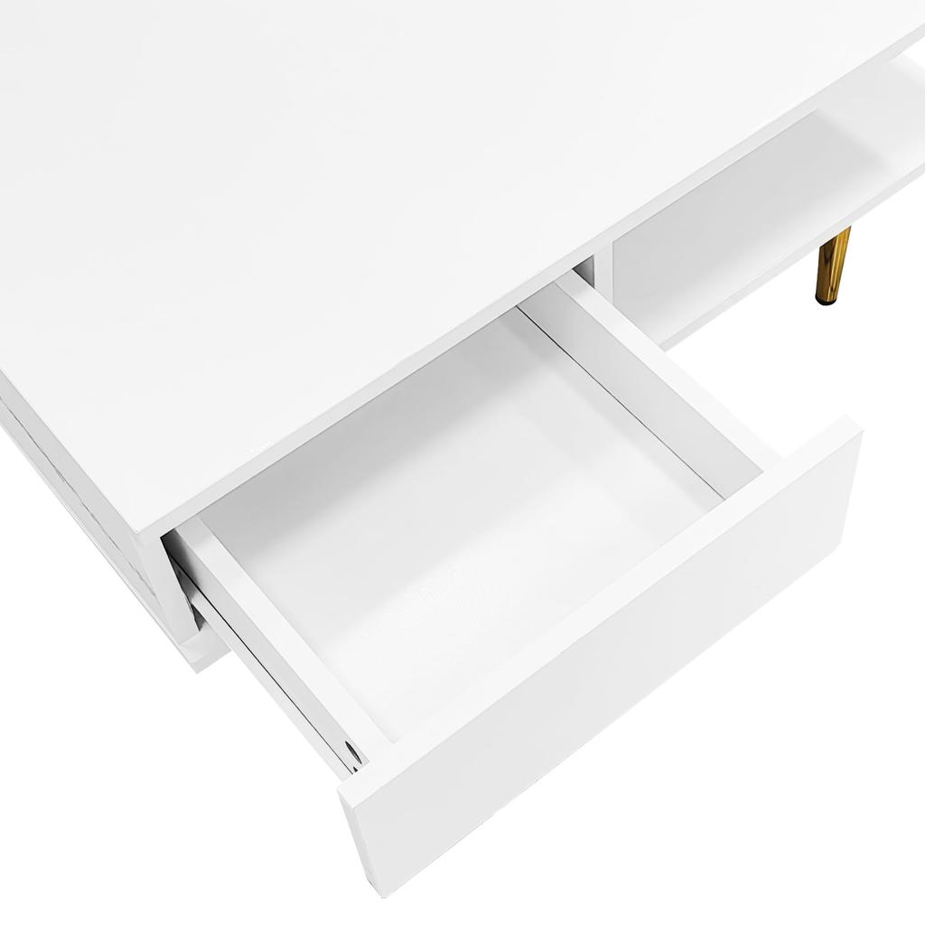 Couchtisch Weiß Hochglanz, Moderner 2 Schubladen, 2 offenen Fächern, Quadrat Kaffeetisch Sofatisch Wohnzimmer, Homeoffice, Griffsloses Design