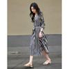 Demana French Style Striped Glossy Wrap Dress with Belt