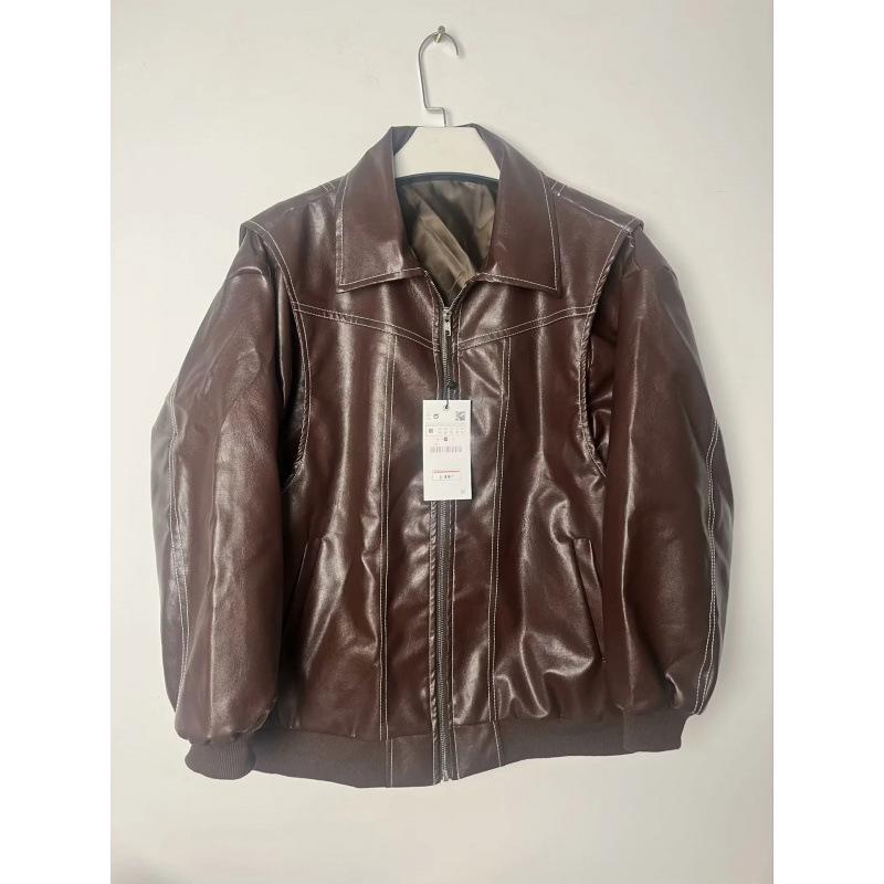 

European & American Women s Vintage Motorcycle Leather Jacket Coat S темно-коричневого
