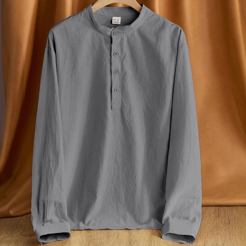 2026 Men's Loose Linen Solid Color Long Sleeve Stand Collar Top Men's Casual Shirt
