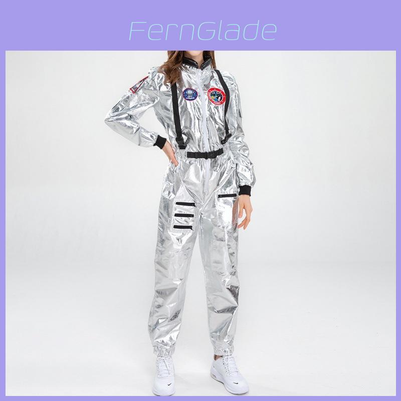 Elegant Silver Female Astronaut Costume For Halloween Featuring Stylish Cosplay Design