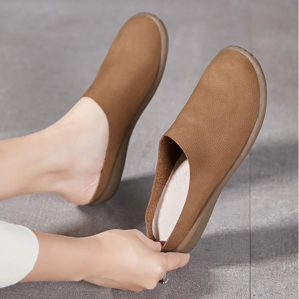 Women Slippers Outside Cowhide Bag Head Cool Slippers Soft Bottom Soft Surface Leather Half Slippers Comfortable Women's Shoes