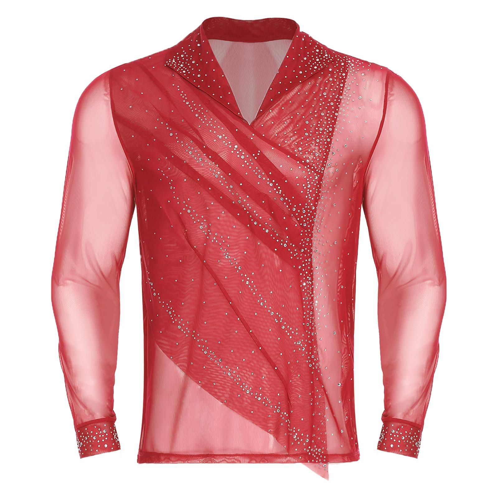 YDT-adult Heren Kunstschaats Top Transparant Mesh Glitterende Strassstenen Voor Gepoefde Overlay Revers V-Hals Lange Mouwen Shirt M rood