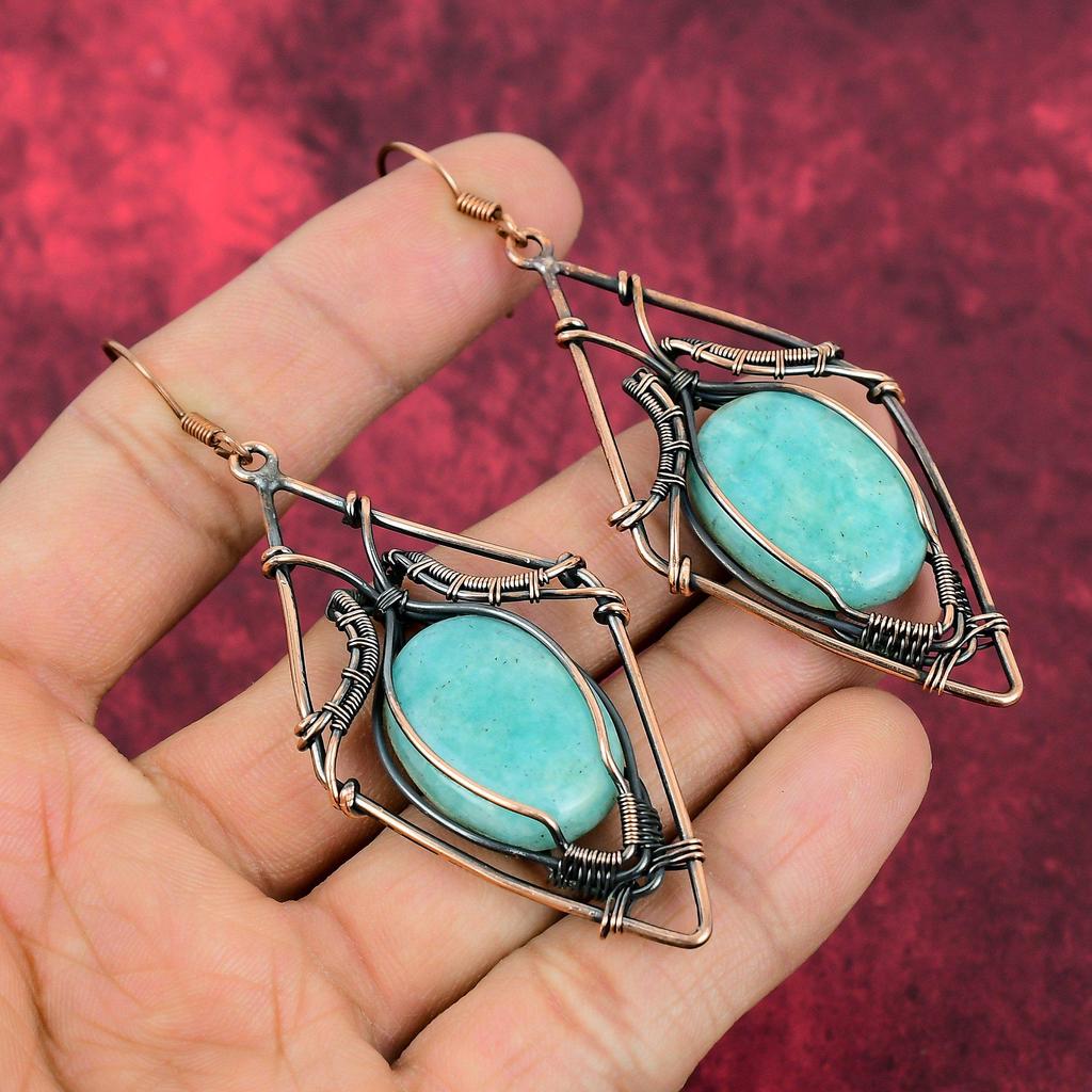Amazonite Earring Copper Wire Wrapped Gemstone Earrings Copper Jewelry Handmade Earrings Wire Wrap Jewelry Birthstone Earrings Wedding Gifts