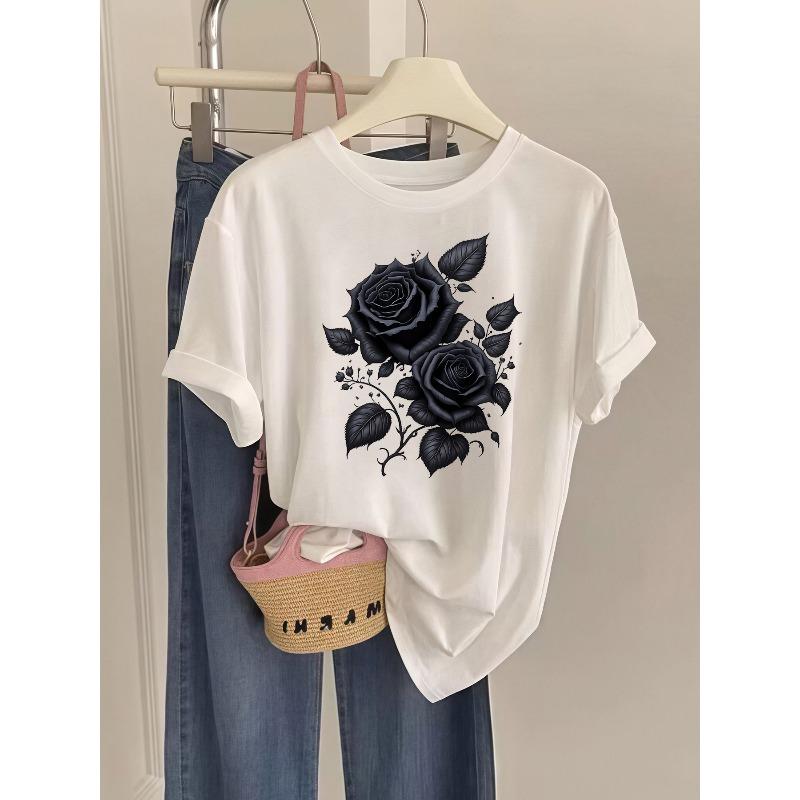 Женская новая черная футболка с принтом розы Мистический темный стиль Крутая атмосфера Летняя мода Подарок Вечеринка Повседневная носка Топ S белый
