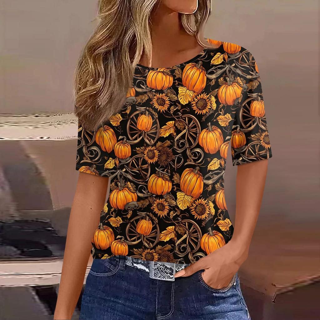 Women's Casual Short Sleeve Halloween Pullover Top with Bat and Pumpkin Print Round Neck Relaxed Fit Shirt for Fall Season