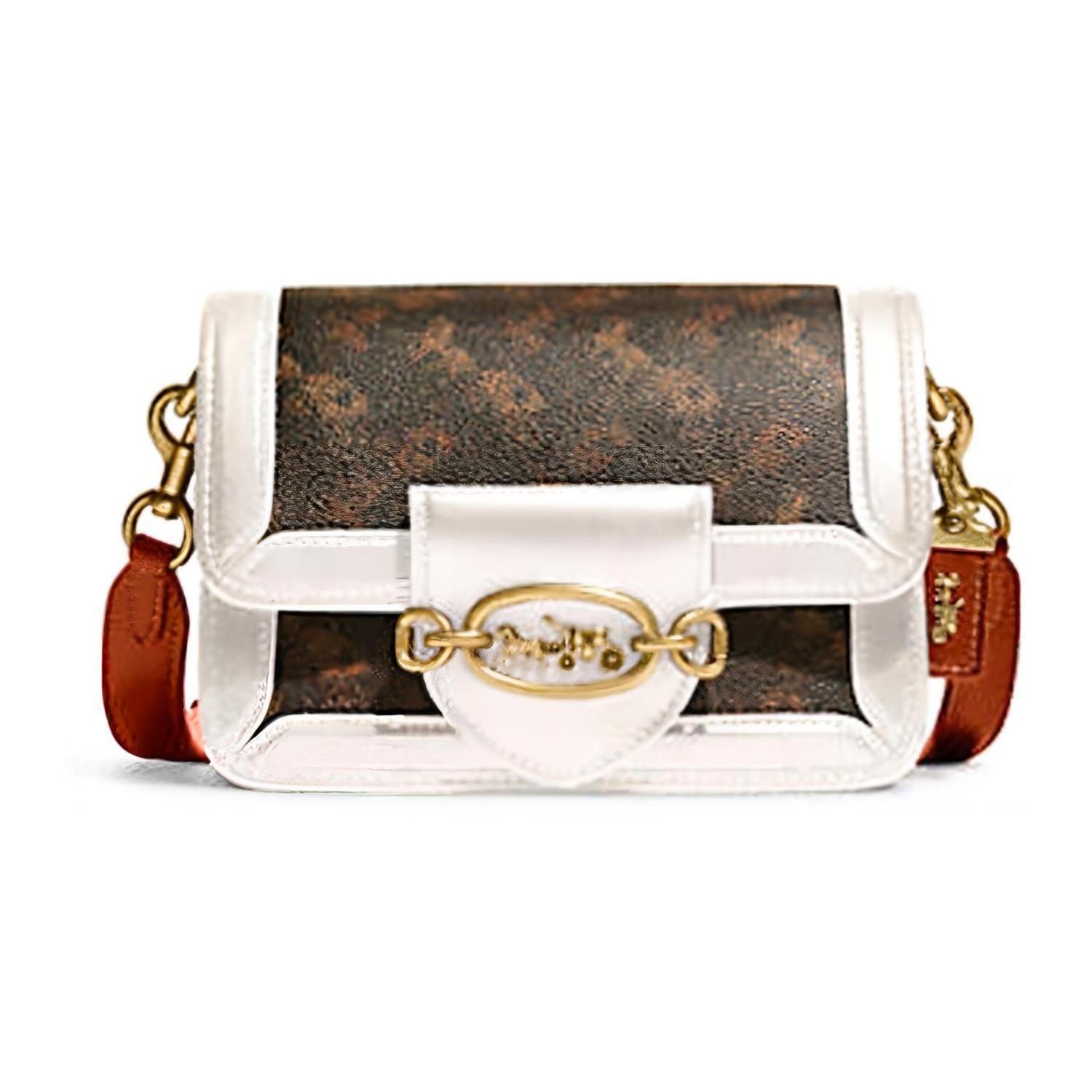 

New COACH Hero Cow Leather Handbag Shoulder Bag Crossbody Bag Small Size Women s Dark Brown & Orange Red & White C8440-B4TXF 18.5*7.6*13.5CM