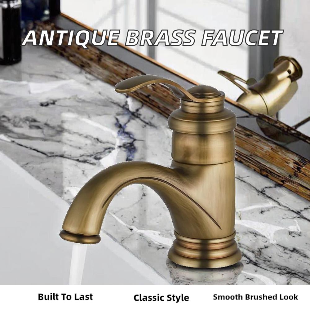 European Traditional Style Basin Faucet Deck Mounted Brushed Brass Single Handle Metered Ceramic Valve Antique Copper Finish