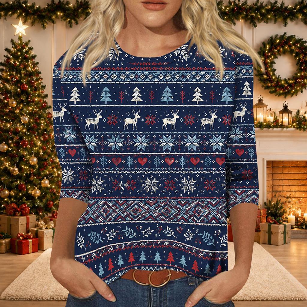 Women's Casual Three-Quarter Sleeve Christmas Print Neck Top