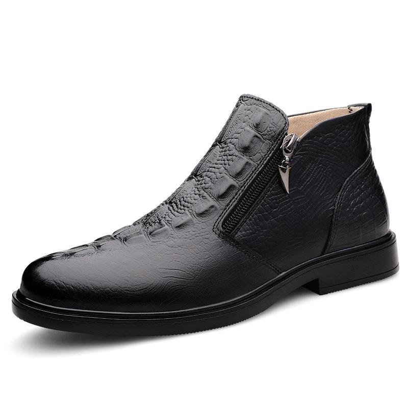 Crocodile Pattern Slip-On Leather Mid-Top Boots with Zipper 40