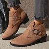 Retro Rivets Pointed Toe Western Boots Women Fashion Buckle Thick Heel Ankle Boots Woman Plus Size Faux Suede Cowboy Botas Mujer