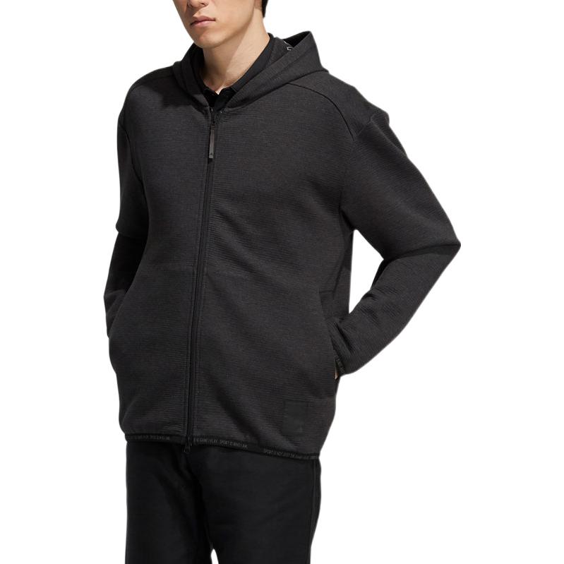 Adidas Solid Color Brand Logo Print Zip Hooded Jacket Men Outerwear Black GT3303