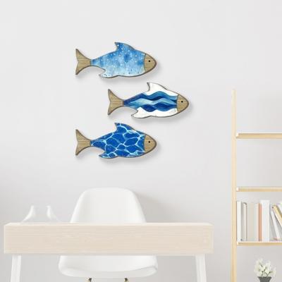 3 Stück Vintage Strandwanddeko Nautische Holzfisch-Wandkunst Küstenthema Blaue Fisch-Wandskulptur Seehaus Meeresornamente für Badezimmer Schlafzimmer