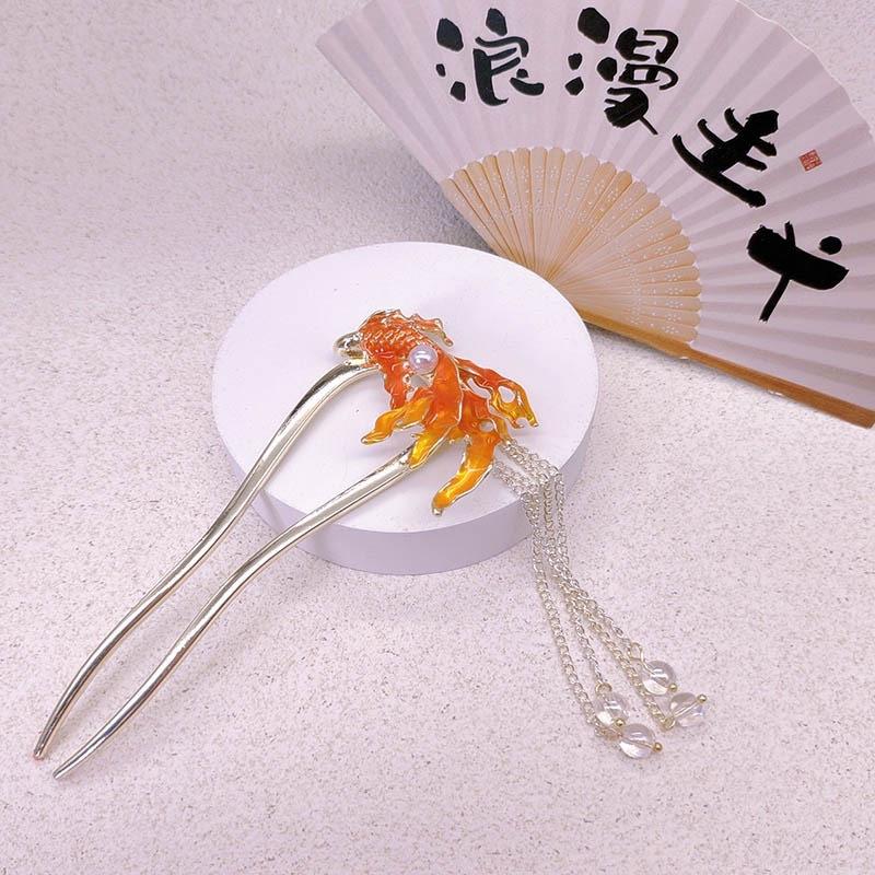 U Shape Chinese Style Red Fish Hair Sticks for Women Tassel Beads Hairpin Hanfu Wedding Glitter Jewelry Hair Accessories