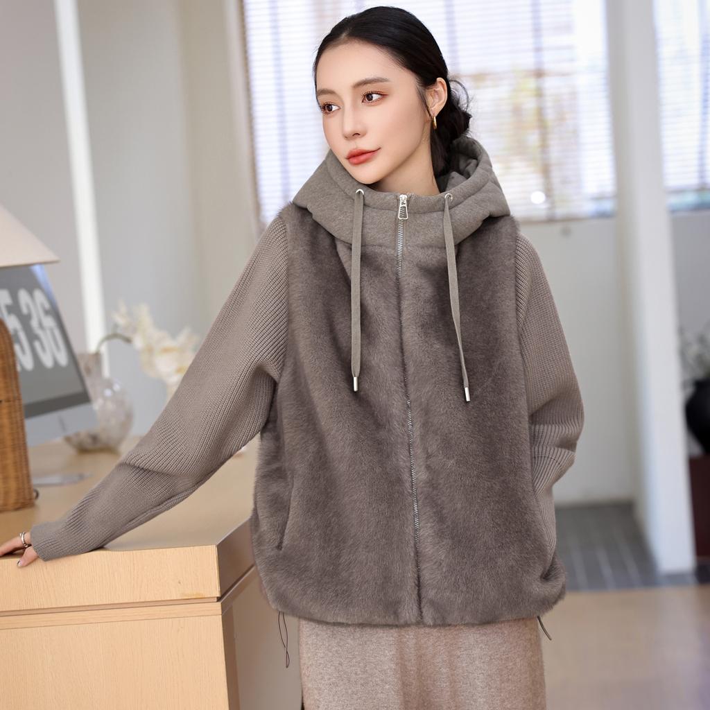 New fake two-piece knitted splicing sleeves down cotton jacket fashionable small hooded versatile jacket trendy