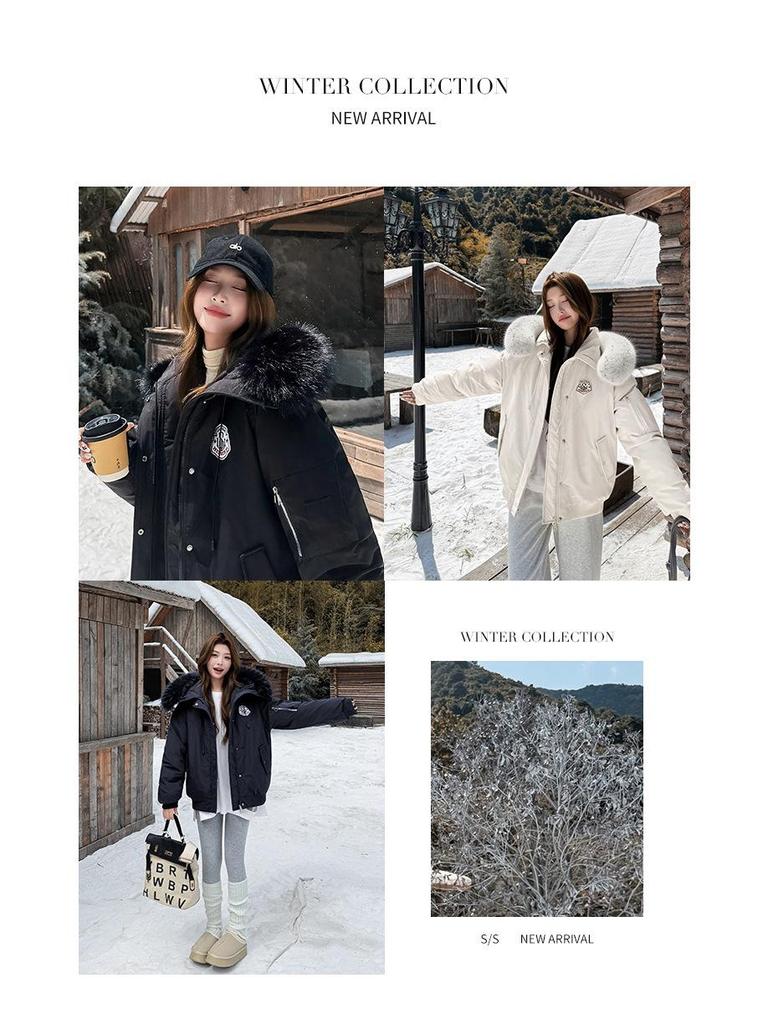 Women's Winter Hooded Cotton-Padded Parka with Stand-Up Collar and Badge Design