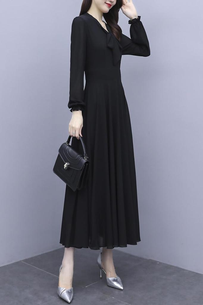 Long Chiffon Long Commuting [Chubikime] Dress, Sleeve, Women's, Spring, Summer, Autumn, A-Line, Simple, Solid, Ribbon, V-Neck, Elegant, Slimming,