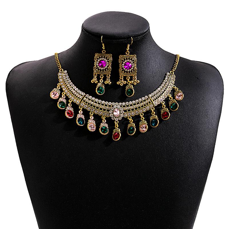 Vintage Exaggerated Rhinestone Necklace, Dinner Dress Geometric Square Jewelry Set With Diamond Water Drop Earrings For Women