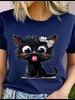 Unisex 100% Polyester Summer Top  little black cat sticking out its tongue Print Loose round Neck Short Sleeve Fashion for Lovers