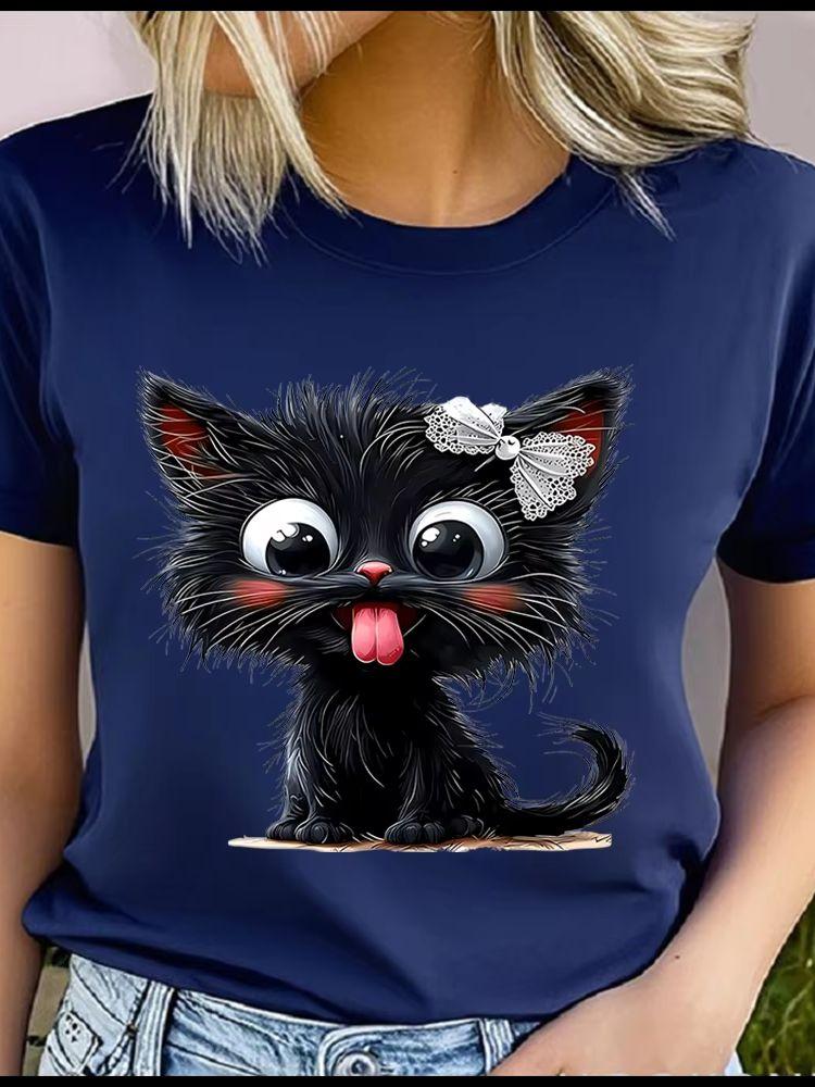 Unisex 100% Polyester Summer Top  little black cat sticking out its tongue Print Loose round Neck Short Sleeve Fashion for Lovers