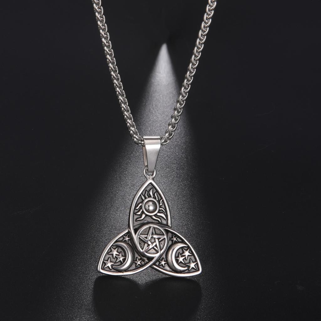 New Retro Nordic Celtic Triangle Knot Star Moon Sun Necklace Triangle Knot Pendant
