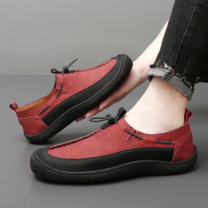 Men Handmade Leather Shoes Casual Hiking Shoes Outdoor Walking Driving Shoes Wide Head Over Sized Red Slip On