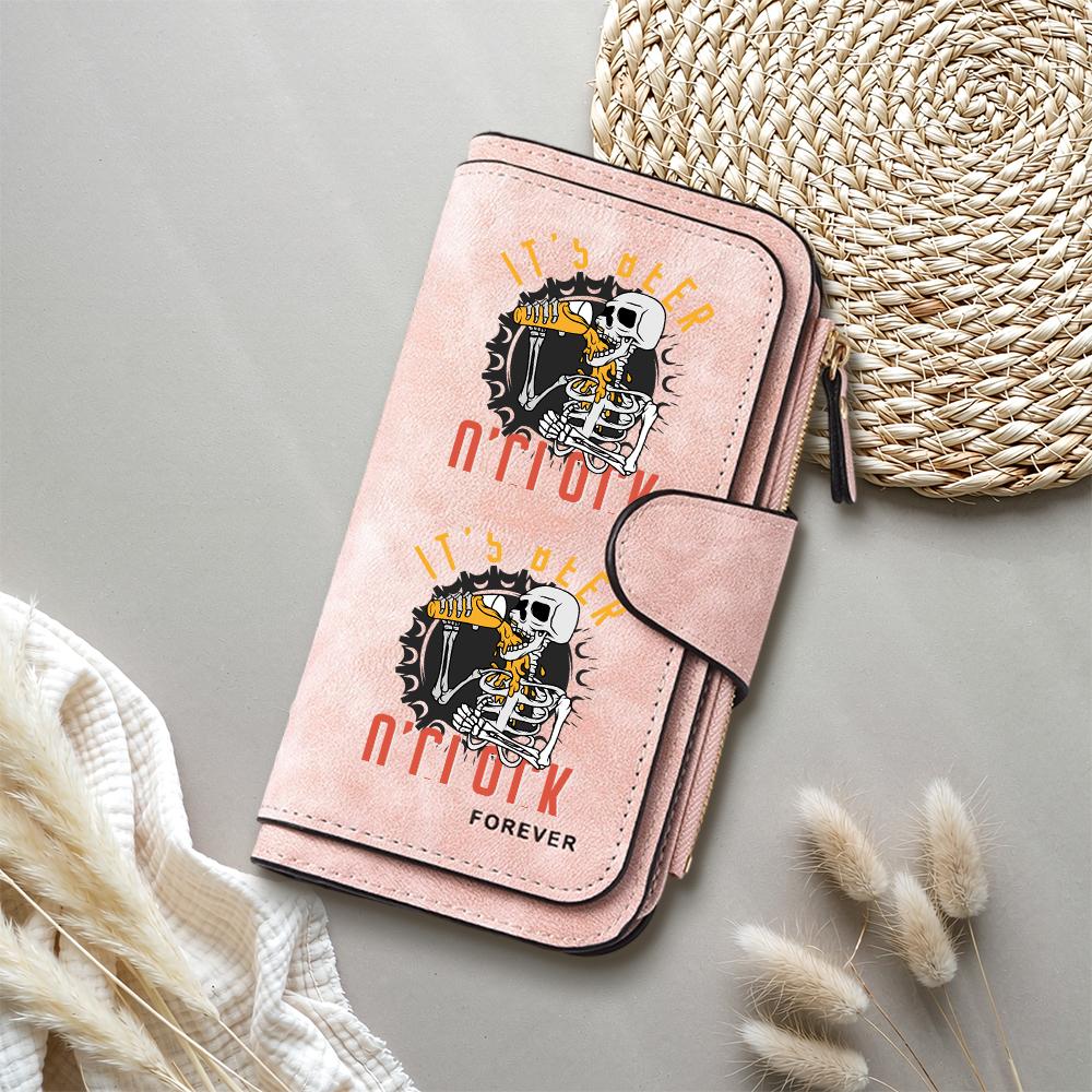 Cool Skeleton Drinking Beer Long Wallet for Men Women PU Leather Card Holder Casual Purse with Zipper Pocket
