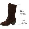 Fashion 2025 Autumn L New Pointed Head Suede Mid-calf Boots for Women Black Coffee Chunky High Heels Women's Shoes Front Lace Up Boats