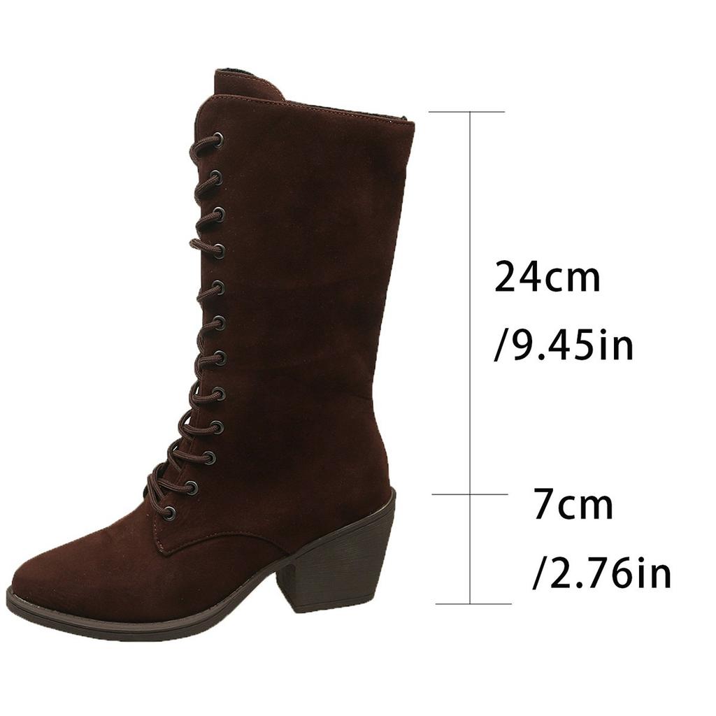 Fashion 2025 Autumn L New Pointed Head Suede Mid-calf Boots for Women Black Coffee Chunky High Heels Women's Shoes Front Lace Up Boats