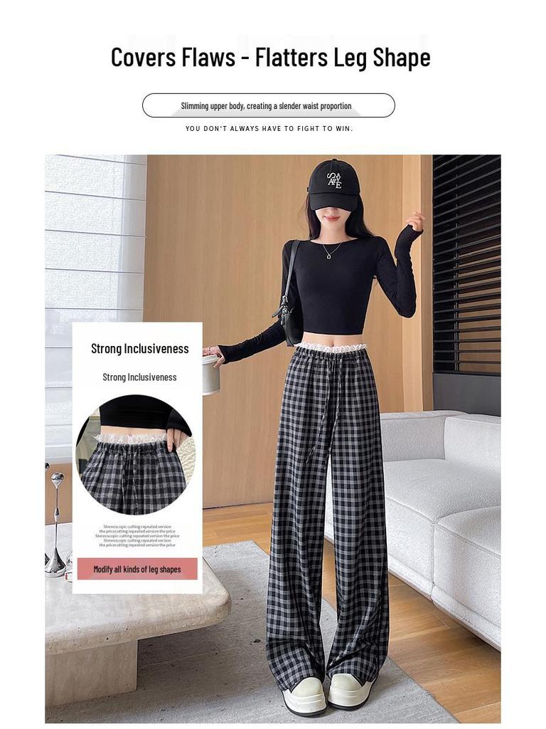 Korean Lace-Trim Plaid Wide-Leg High-Waist Pants for Women - Versatile Spring/Summer Casual Style