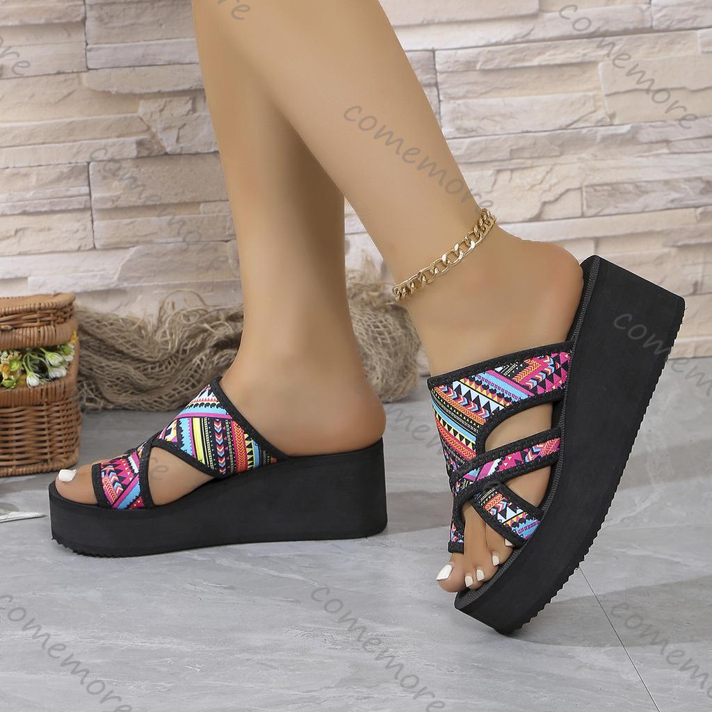 Fashion Comemore Summer Wedges High Heels Ladies Slippers Casual Mixed Color Roman Style Clip Toe Slipper Soft Bottom Beach Flip Flops