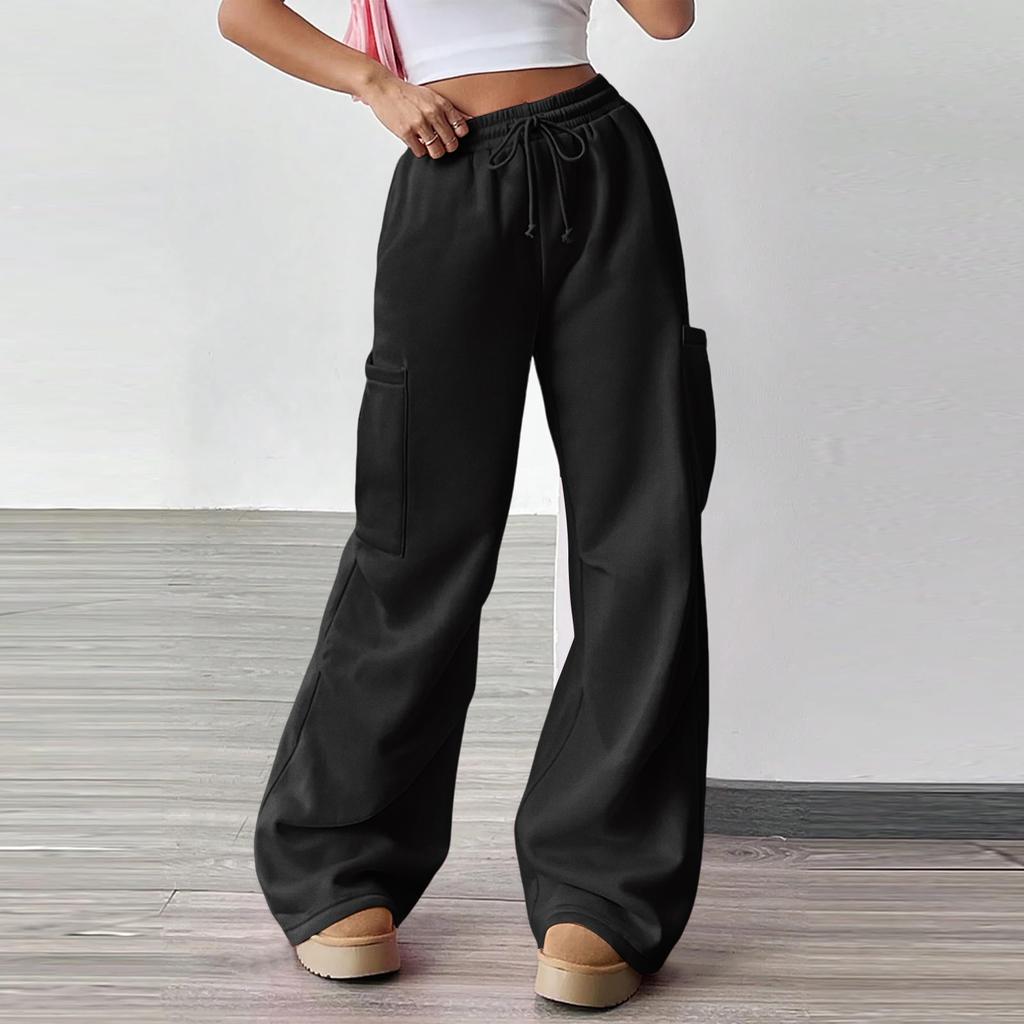 Damen Casual Mode Einfarbig Elastischer Bund Kordelzug Tasche Weitbein Gerade geschnittene Jogginghosen