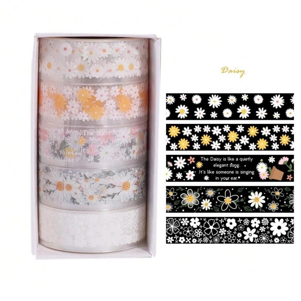 5 Rolls Of 1.8" * 3.23" Cute Transparent Midsummer Daisy Decorative Stickers DIY Materials And Paper Tapes