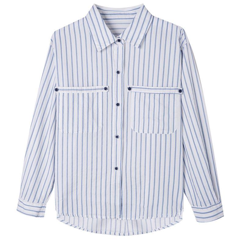 

Striped Shirt for Women Long Sleeve Spring and Summer New Double Pocket Loose Top for Women Pure Cotton Shirt M
