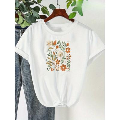 European Size Plus Size Women'S Floral Round Neck Short Sleeve Comfortable Home Top T-Shirt High Quality Women'S Clothing