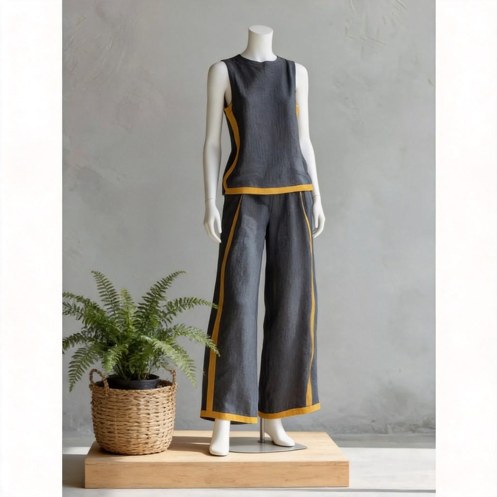 Tuta da donna estiva senza maniche a blocchi di colore con tasche e inserti per abbigliamento casual