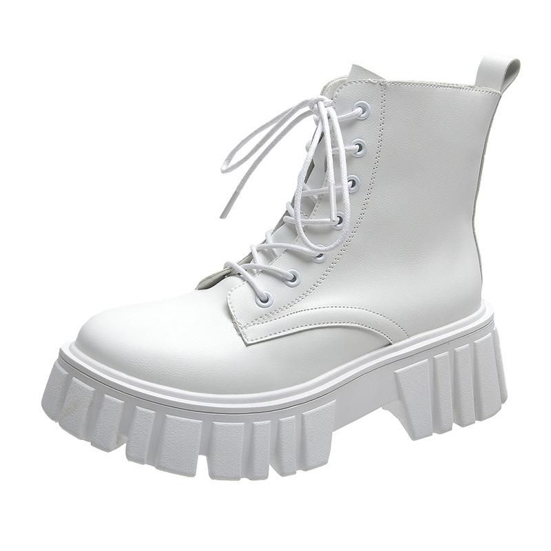 Botines blancos de piel sintética con suela gruesa y cordones para mujer, botines de combate, zapatos de plataforma para Otoño e Invierno