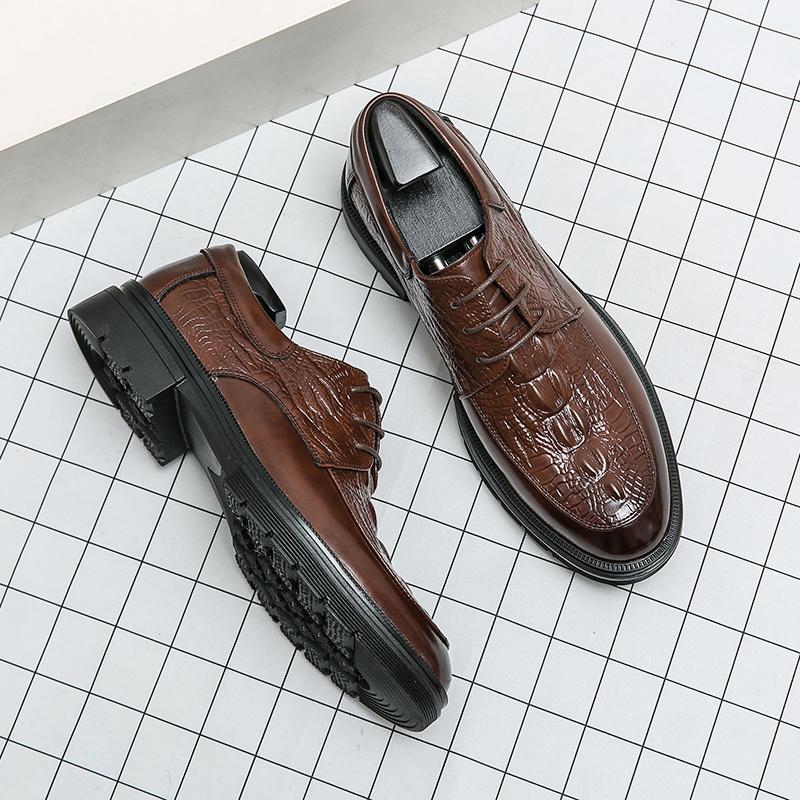 Fashion Luxury Brand Crocodile Patterned Men's Business Formal Shoes Thick Soled Lace Up Workwear Shoes Men's Leather Casual Shoes