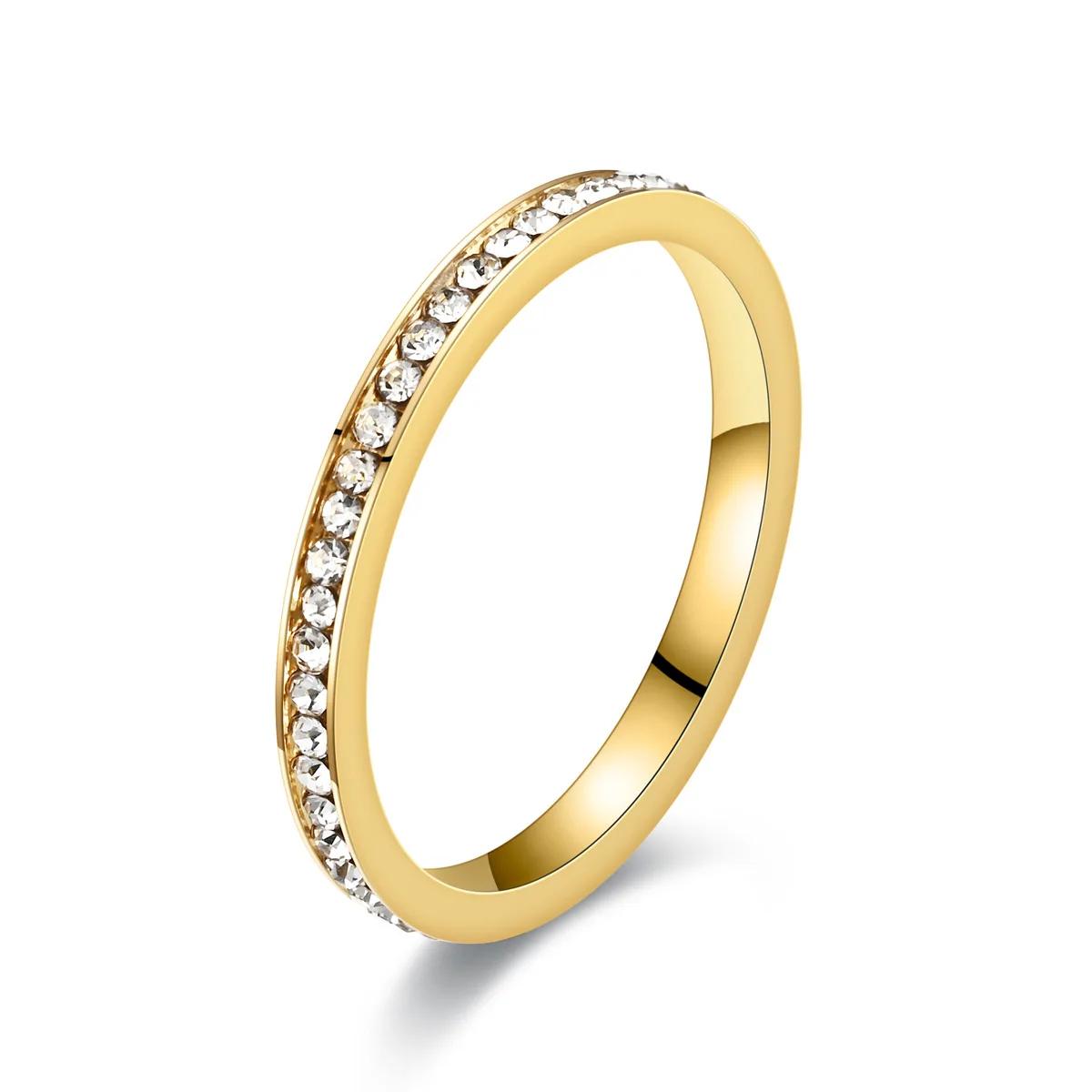 

2mm Classic Luxury Crystal Inlay Stainless Steel Gold Rings for Women Girl Wedding Band Fashion Charm Jewelry Gift 5 золотой